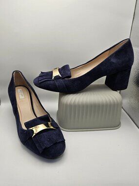 Cole Haan Tali Bow Navy Suede Block Heel Pumps – Grand.OS Comfort – Size 8B